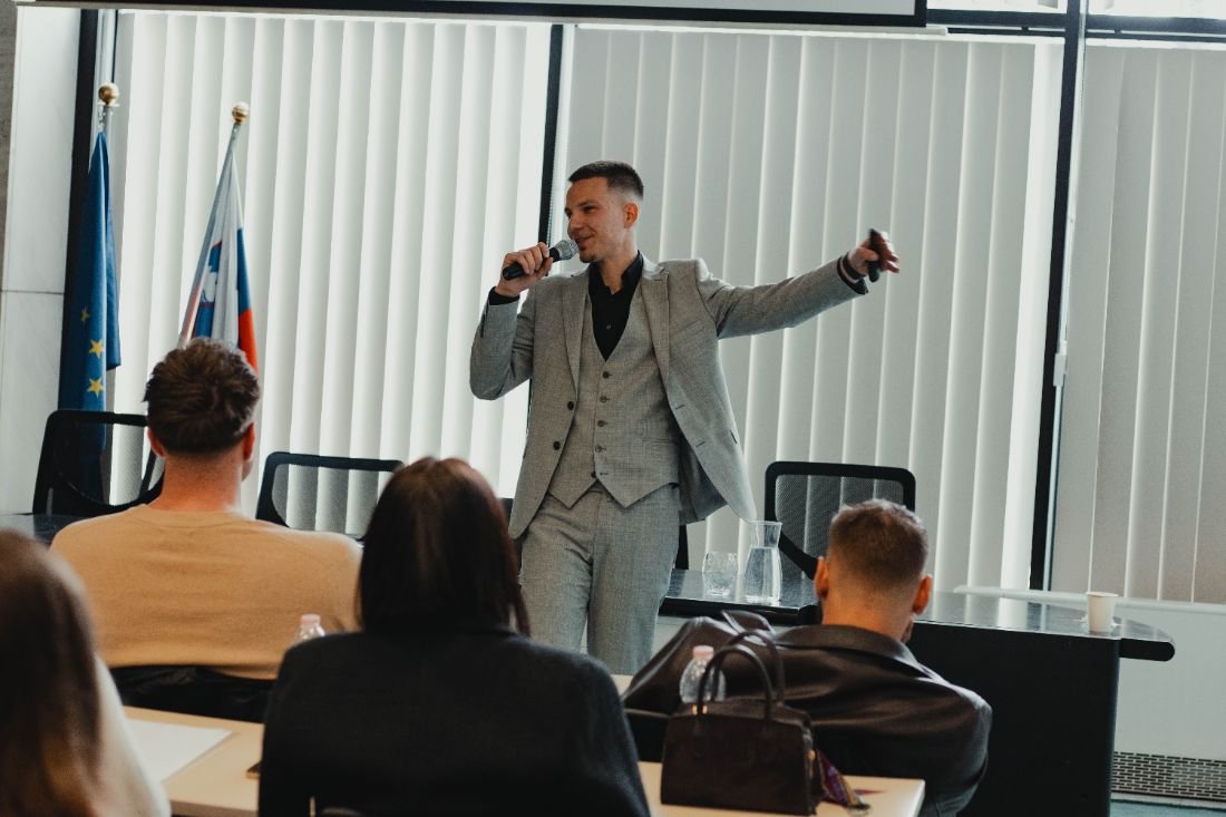Mark Vovk speaking to a room