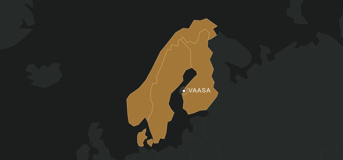 Map of the Nordics with Vaasa, Finland marked